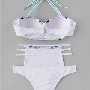 White flower ladder cut high waist swim suit